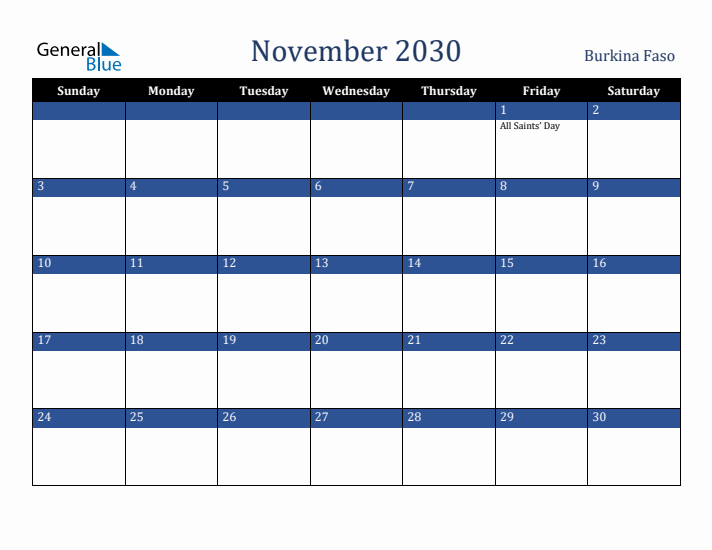 November 2030 Burkina Faso Calendar (Sunday Start)