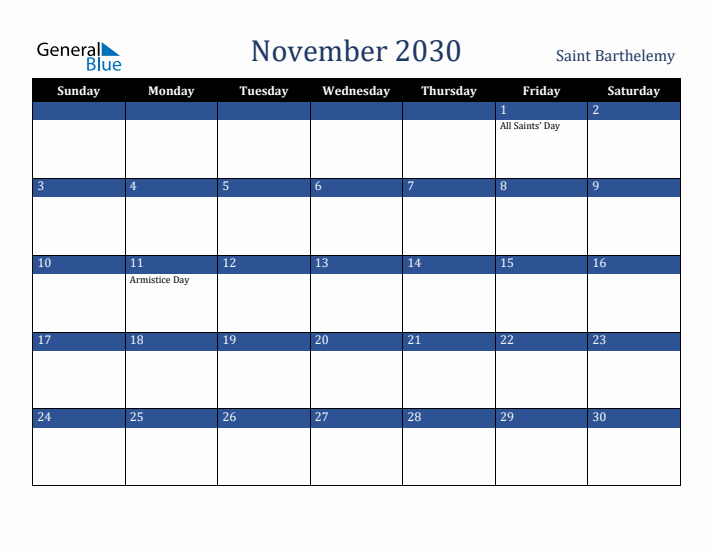 November 2030 Saint Barthelemy Calendar (Sunday Start)