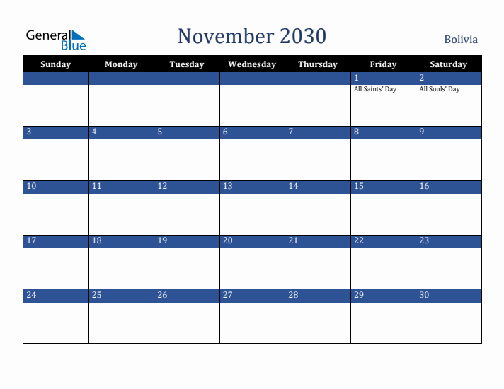 November 2030 Bolivia Calendar (Sunday Start)