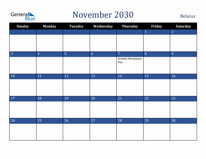 November 2030 Belarus Calendar (Sunday Start)
