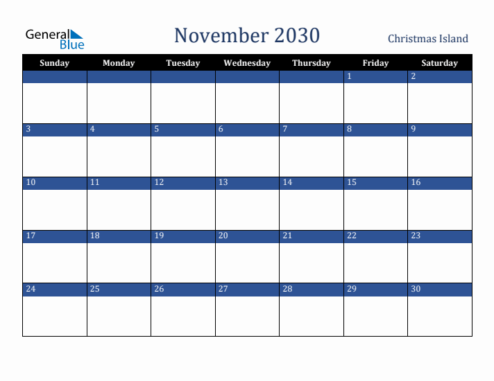 November 2030 Christmas Island Calendar (Sunday Start)