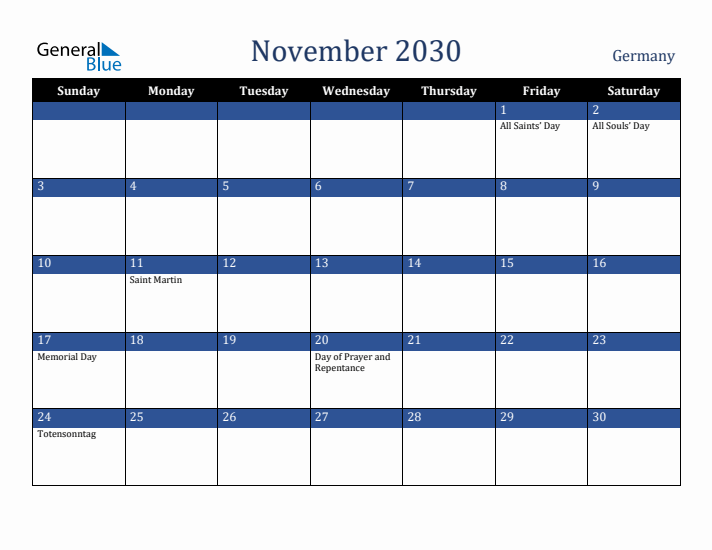 November 2030 Germany Calendar (Sunday Start)