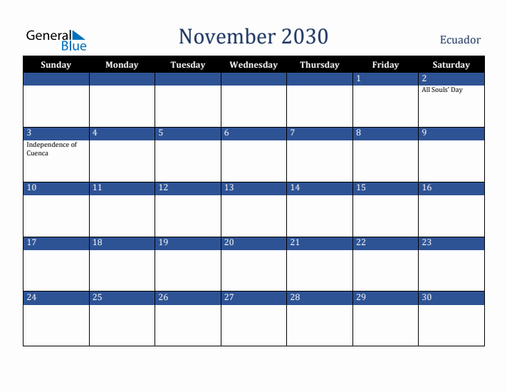 November 2030 Ecuador Calendar (Sunday Start)