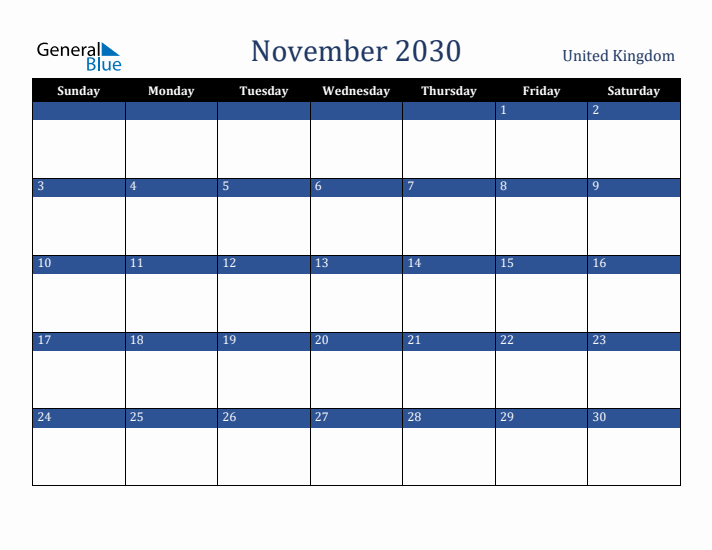 November 2030 United Kingdom Calendar (Sunday Start)