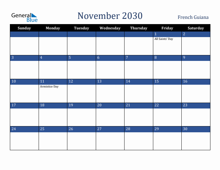 November 2030 French Guiana Calendar (Sunday Start)
