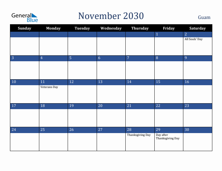 November 2030 Guam Calendar (Sunday Start)