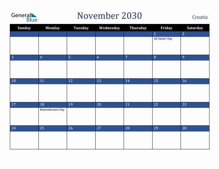November 2030 Croatia Calendar (Sunday Start)