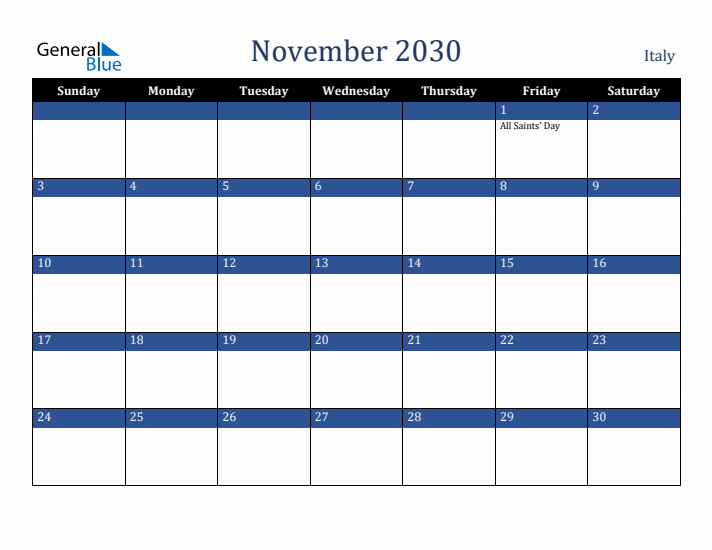 November 2030 Italy Calendar (Sunday Start)