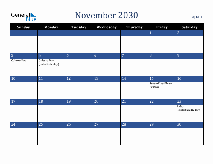 November 2030 Japan Calendar (Sunday Start)