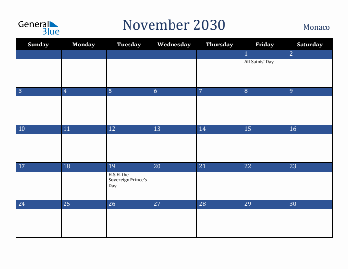 November 2030 Monaco Calendar (Sunday Start)