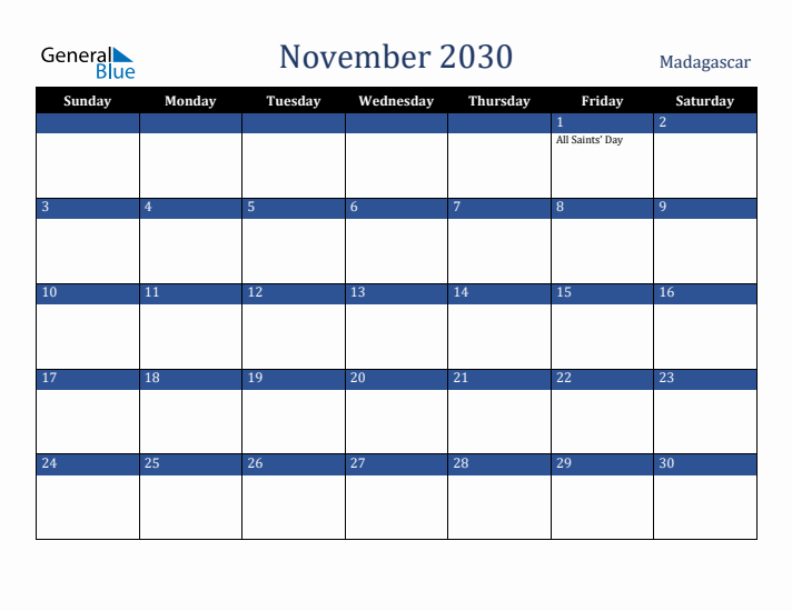 November 2030 Madagascar Calendar (Sunday Start)