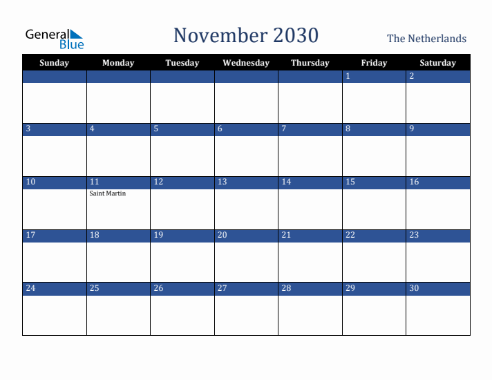 November 2030 The Netherlands Calendar (Sunday Start)