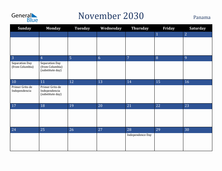 November 2030 Panama Calendar (Sunday Start)