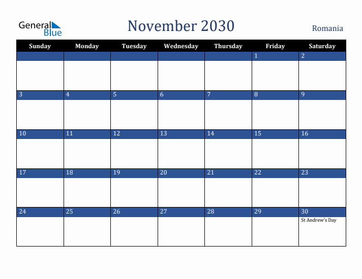 November 2030 Romania Calendar (Sunday Start)