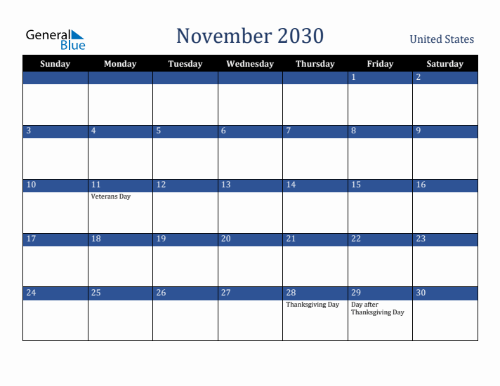 November 2030 United States Calendar (Sunday Start)