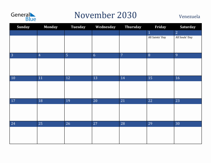 November 2030 Venezuela Calendar (Sunday Start)