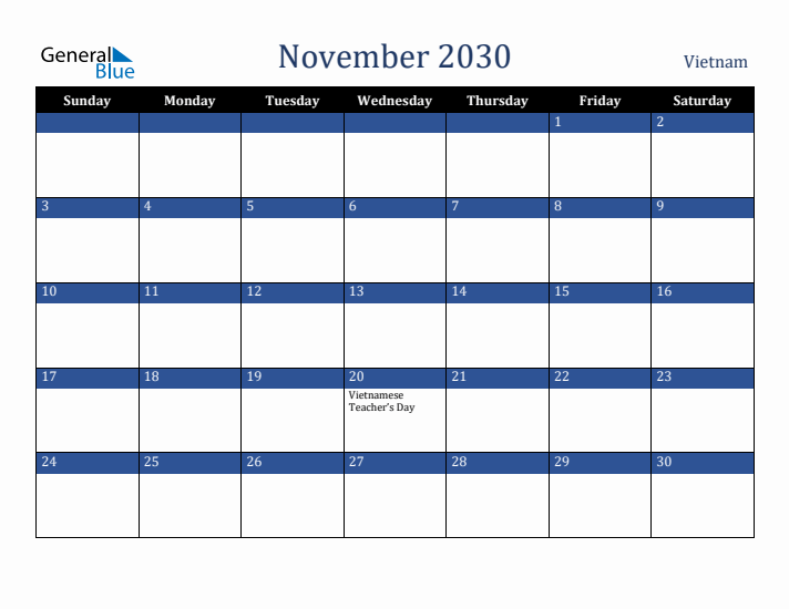 November 2030 Vietnam Calendar (Sunday Start)