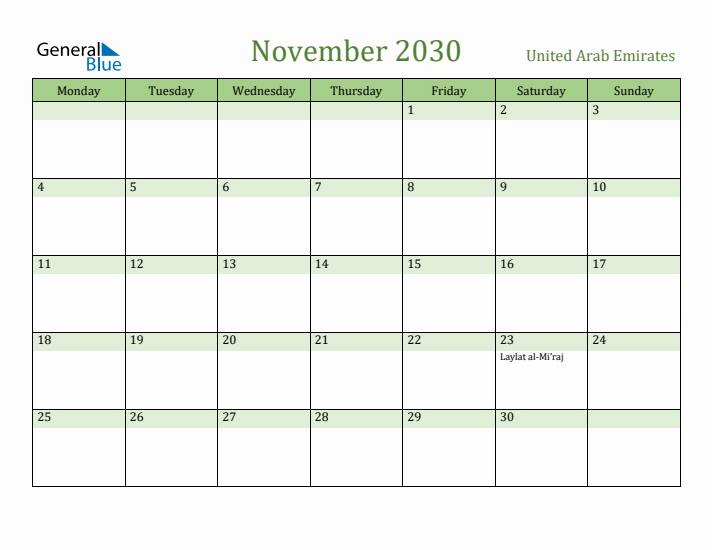 November 2030 Calendar with United Arab Emirates Holidays
