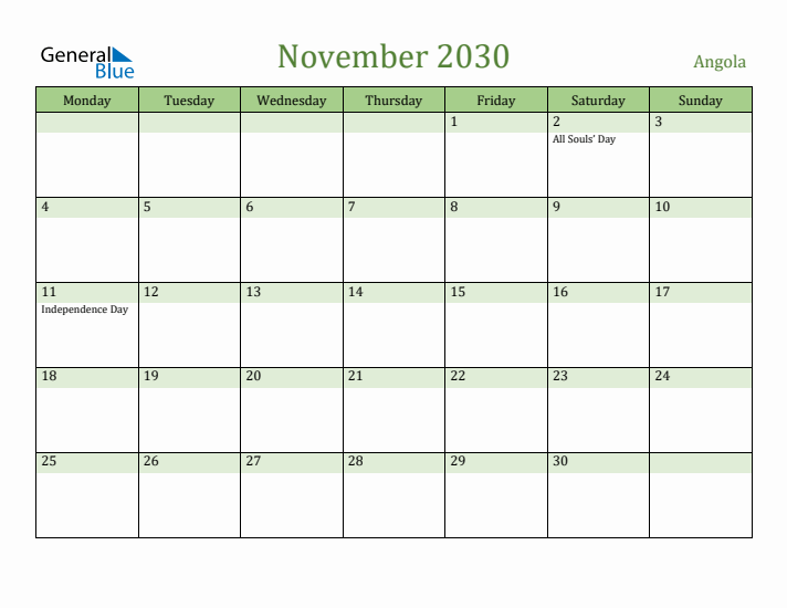 November 2030 Calendar with Angola Holidays