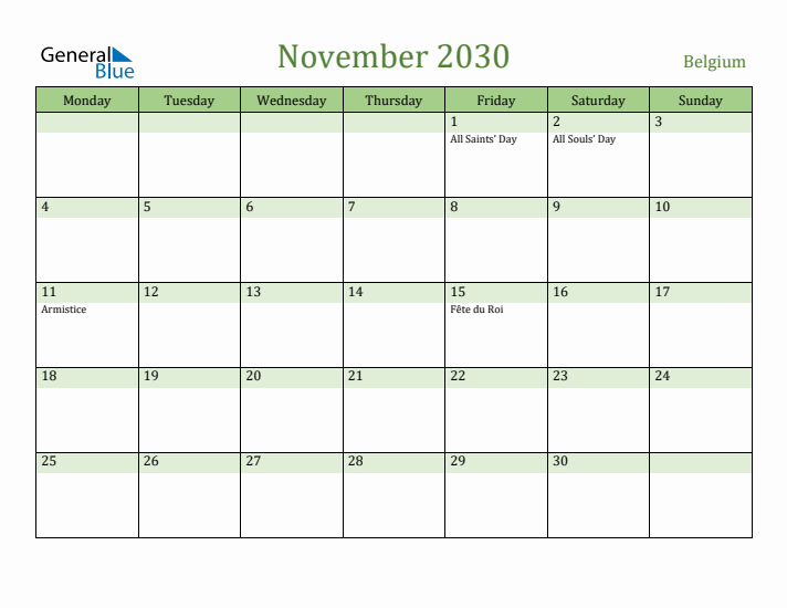 November 2030 Calendar with Belgium Holidays