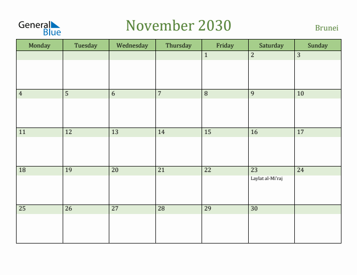 November 2030 Calendar with Brunei Holidays