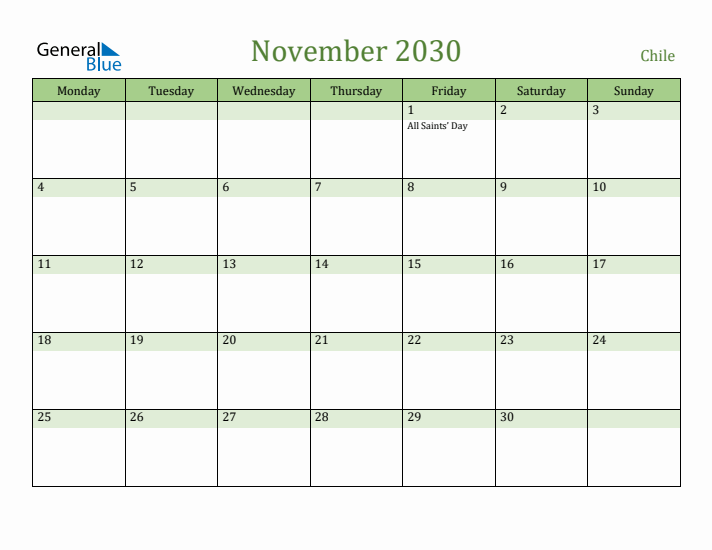 November 2030 Calendar with Chile Holidays