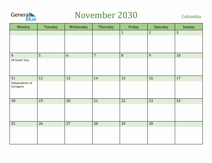 November 2030 Calendar with Colombia Holidays