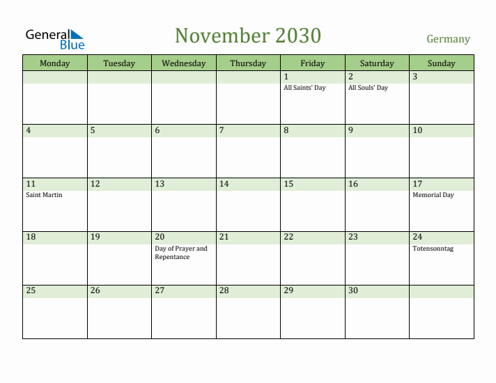November 2030 Calendar with Germany Holidays