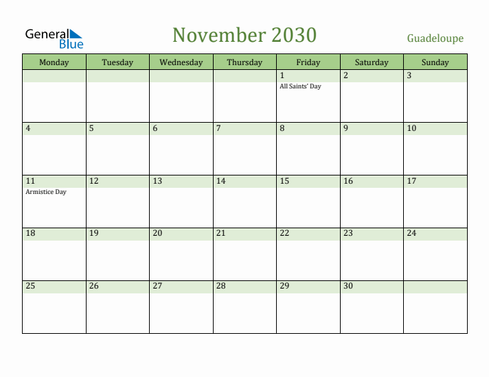 November 2030 Calendar with Guadeloupe Holidays