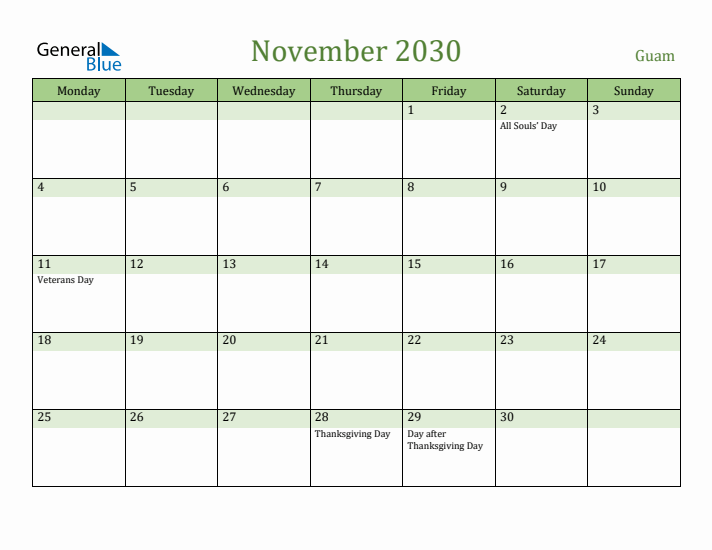November 2030 Calendar with Guam Holidays