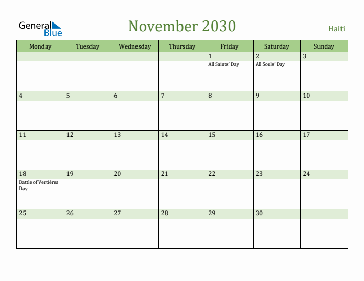 November 2030 Calendar with Haiti Holidays