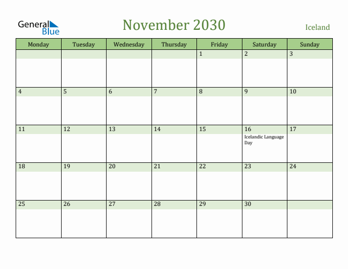 November 2030 Calendar with Iceland Holidays