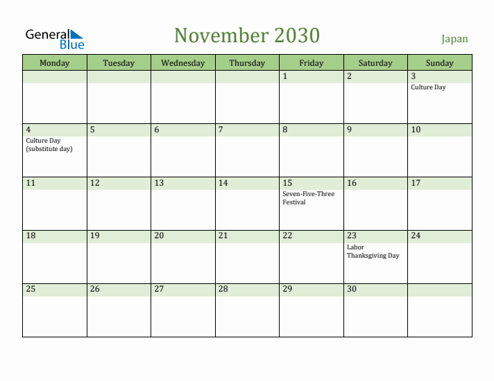 November 2030 Calendar with Japan Holidays