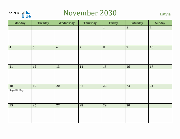 November 2030 Calendar with Latvia Holidays