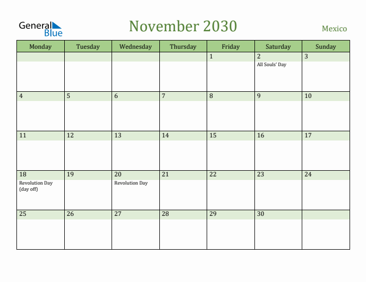 November 2030 Calendar with Mexico Holidays