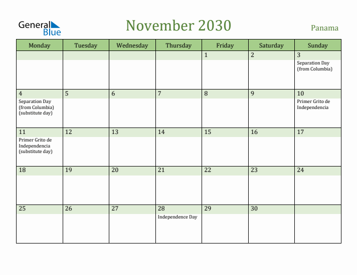 November 2030 Calendar with Panama Holidays