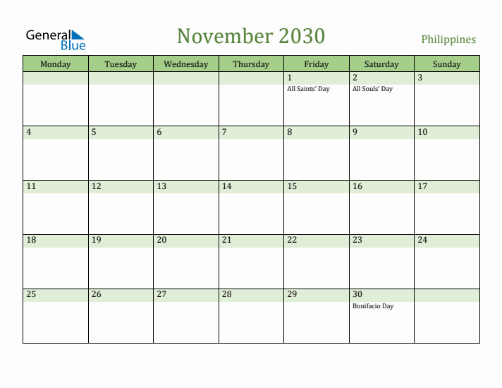 November 2030 Calendar with Philippines Holidays