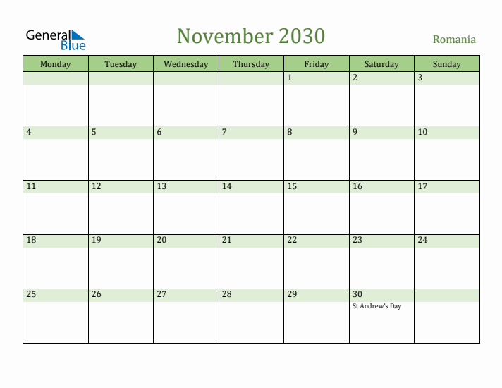 November 2030 Calendar with Romania Holidays
