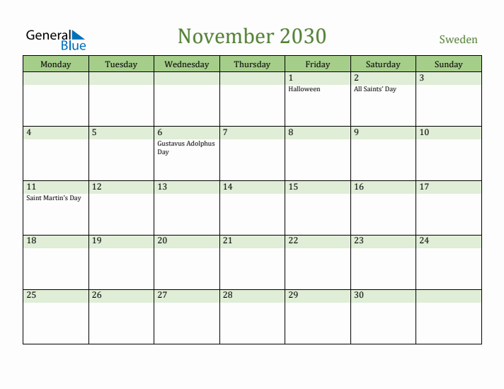 November 2030 Calendar with Sweden Holidays