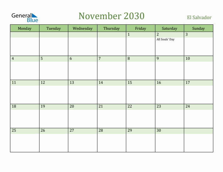 November 2030 Calendar with El Salvador Holidays