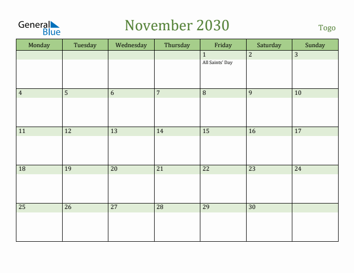 November 2030 Calendar with Togo Holidays