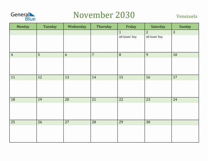 November 2030 Calendar with Venezuela Holidays
