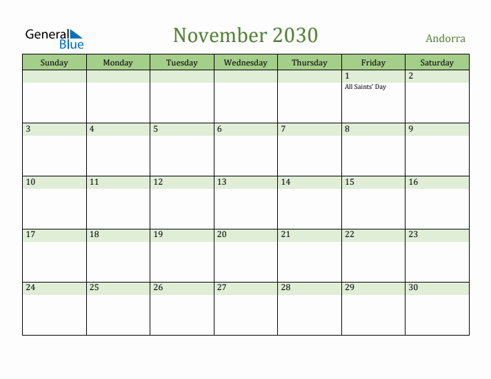 November 2030 Calendar with Andorra Holidays