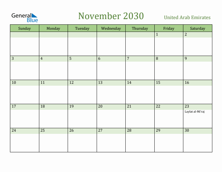 November 2030 Calendar with United Arab Emirates Holidays
