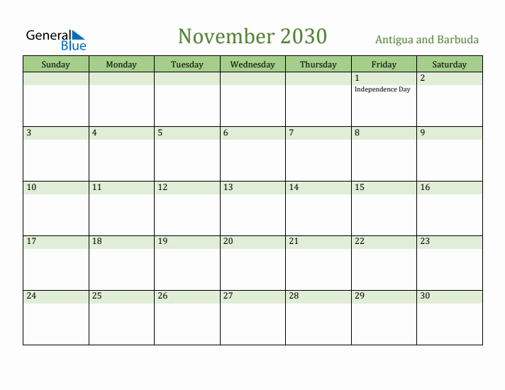 November 2030 Calendar with Antigua and Barbuda Holidays