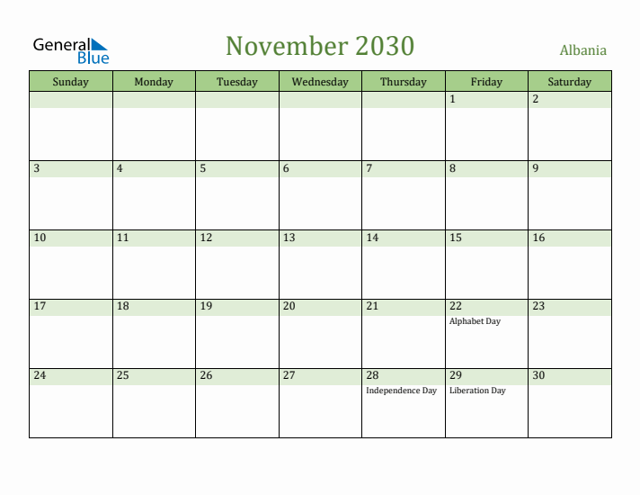 November 2030 Calendar with Albania Holidays