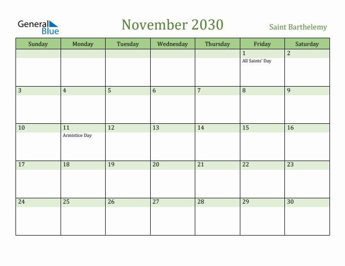 November 2030 Calendar with Saint Barthelemy Holidays