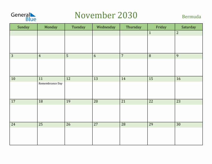 November 2030 Calendar with Bermuda Holidays