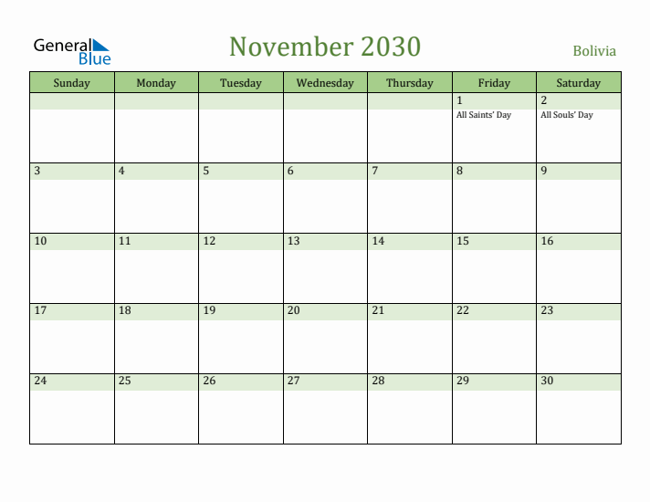 November 2030 Calendar with Bolivia Holidays
