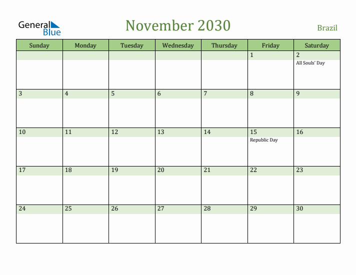 November 2030 Calendar with Brazil Holidays